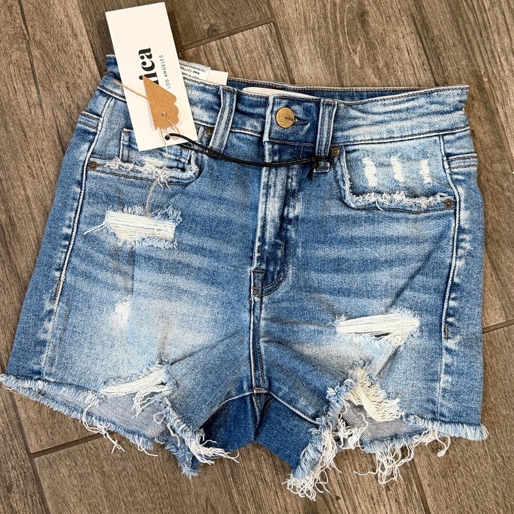 NWT Mica Los Angeles High Rise Distressed Raw Hem Denim Shorts - Picture 2 of 3